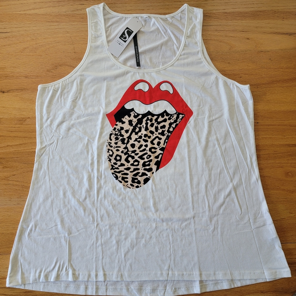 🐞4/$10🐞 Famous Red Lips, Animal Print Tongue, Womens White Casual Tank Top 2XL